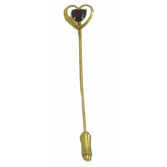 Vintage Heart STICK Pin Red Rhinestone Gold Tone - Picture 1 of 6